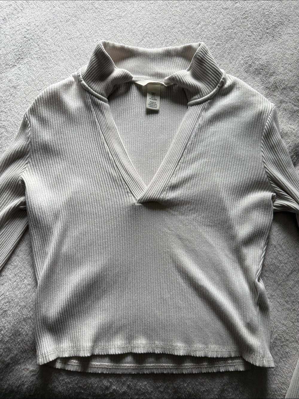 H&M Ribbed Mock-Collar Long Sleeve Top in Light Beige